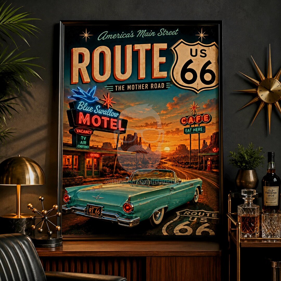 Route 66 Neon Motel Print | Vintage Americana Wall Art | Retro Desert ...