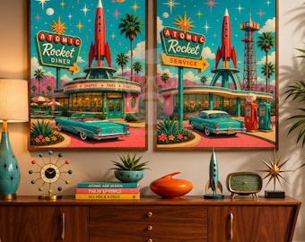 Atomic Rocket Diner Service Prints | Mid Century Modern Retro Futurism (Digital Download)