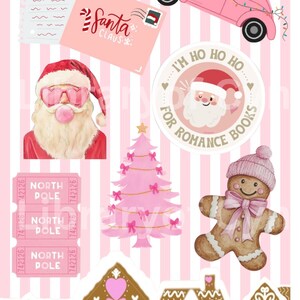 May include: A collection of Christmas-themed illustrations on a pink and white striped background. Includes a pink car with a Christmas tree, Santa Claus with heart-shaped sunglasses, a gingerbread man, and a pink Christmas tree. Also features text that says "Dear Santa" and "Santa Claus".