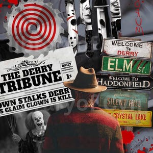 May include: A collage featuring horror movie elements. Knives with character faces, a circular saw, and signs for Derry, Elm Street, Haddonfield, Silent Hill, and Crystal Lake. The Derry Tribune newspaper is also present.