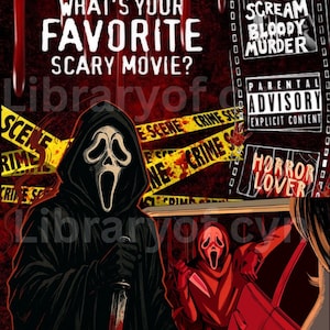 May include: A horror-themed graphic with a red and black background. The image features the iconic Ghostface character from the Scream movies, holding a bloody knife. Text includes "What's Your Favorite Scary Movie?" and "Scream".