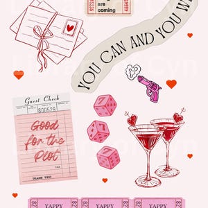 May include: A collection of illustrations on a pale pink backdrop. It features a stack of letters tied with a ribbon, a ticket with the text "good things are coming", and a banner reading "YOU CAN AND YOU WILL". Also present are dice, cocktails, and tickets that say "Yappy Hour".