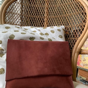 One of a Kind Handstitched Cinnamon Nubuck Suede Clutch with Raw Edge Flap – Unlined, Minimalist Design #2440