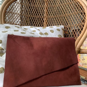 One of a Kind Handstitched Cinnamon Nubuck Suede Clutch with Raw Edge Flap – Unlined, Minimalist Design #2439