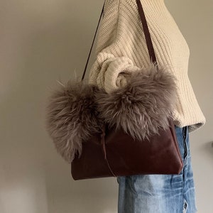 Burgundy Leather Shoulder Bag with Shearling Accent #1973