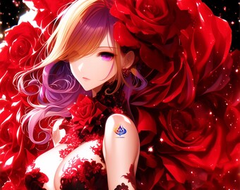 Gothic Anime Lady Red Rose Art Print, Crimson Floral Fantasy (Digital Download)