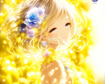 Anime Yellow Floral Art Print, Solar Embrace Wall Decor, Motherhood Theme (Digital Download)