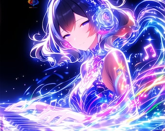 Blue Anime Music Wall Art Set, Cosmic Piano Lady Digital Download, 5 JPG Prints