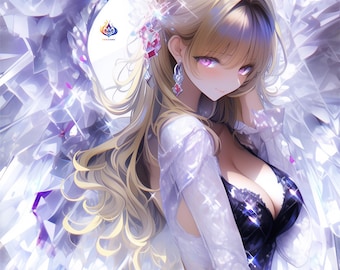 Diamond Angel Lady Wall Art, White Crystal Wings Fantasy Anime Print (Digital Download)