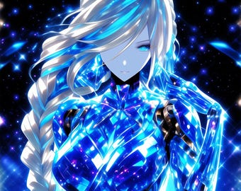 Blue Crystal Android Wall Art Set, 5 Sci-Fi Anime Digital Downloads, Lumiel