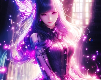 Luminous Butterfly Mary – Ethereal Fantasy Wall Art, Cosmic Purple AI Art Print, Digital Download