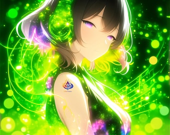Anime Girl Digital Art Print, Emerald Melody Fantasy Wall Art (5 JPG)