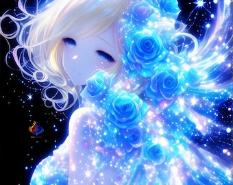Blue Rose Galaxy Anime Art, Celestial Lady Wall Art (Digital Download)