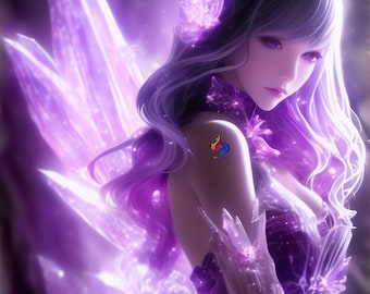 Purple Fantasy Lady Art, Amethyst Butterfly Anime Printable (Digital Download)