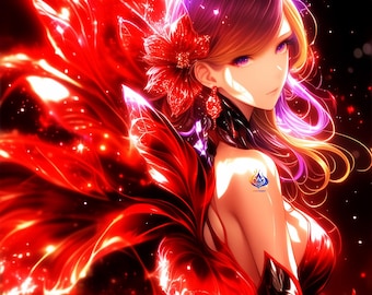 Red Fantasy Woman Digital Art Set, Scarlet Rose Anime Wall Art, Stella Scarlet Reverie Collection Vol.1, 5 JPG Downloads