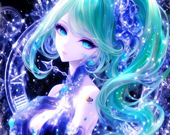 Aquamarine Anime Lady Wall Art, Celestial Clock Fantasy Portrait (Digital Download)