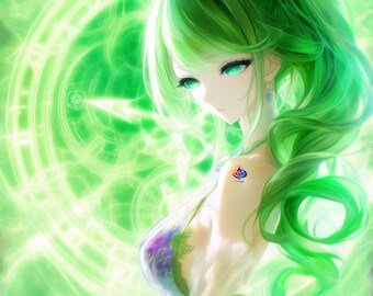 Green Fantasy Lady Wall Art Set, Emerald Time Goddess Digital Download, Anime Portrait Printable, Sarah Verdant Chronosphere