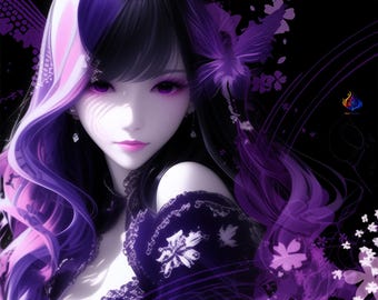 Japanese Fantasy Lady Wall Art, Violet Butterfly Prints (Digital Download)
