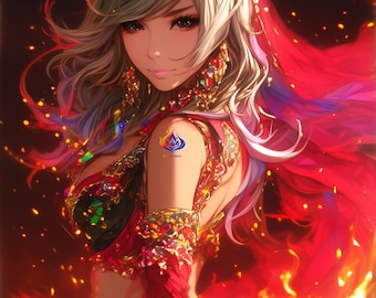 Arabian Fantasy Lady Portraits, Red Gold Desert Wildfire Art (5 JPG Downloads)