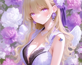 Purple Angel Wall Art, Violet Floral Anime Girl Fantasy Prints (Digital Download)