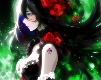 Dark Fantasy Lady Art – Emerald Green Gothic Anime Portrait (Digital Download)