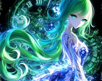Emerald Anime Wall Art, Fantasy Time Goddess, Cosmic Clockwork (5 JPG Instant Download)
