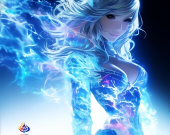 Blue Lightning Fantasy Woman Art Set, Anime Inspired Digital Download, Electric Storm Wall Art, Kanonn Azure Tempest, 5 JPG