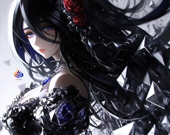 Gothic Dark Fantasy Anime Art, Black Obsidian Lady Digital Print (5 JPG Downloads)
