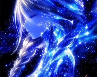 Blue Galaxy Lady Art Print, Celestial Anime Fantasy, Cosmic Convergence (Digital Download)