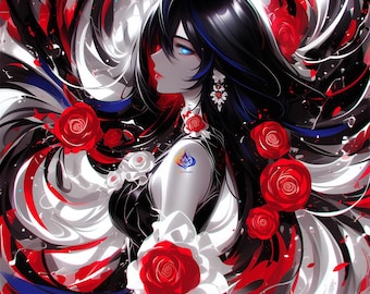 Gothic Anime Wall Art, Verna Crimson Delirium, Red Rose Digital Print (5 JPGs)