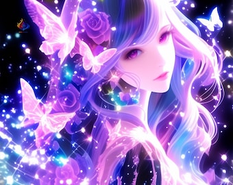 Prismatic Butterfly Fantasy Art, Ethereal Lady Portrait, Purple Pink Digital Download (5 JPG)