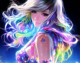 Neon Rainbow Woman Portrait Art, Futuristic Electric Bloom Collection (Digital Download)