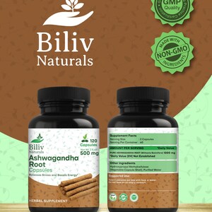 以下が含まれることがあります： Biliv Naturals Ashwagandha Root Capsulesの黒いボトルが2本。各ボトルには120カプセル、500mgが含まれています。ラベルには「Releases Stress and Boosts Energy」と「Herbal Supplement」の文字が記載されています。画像にはGMPとNon-GMOのラベルも含まれています。