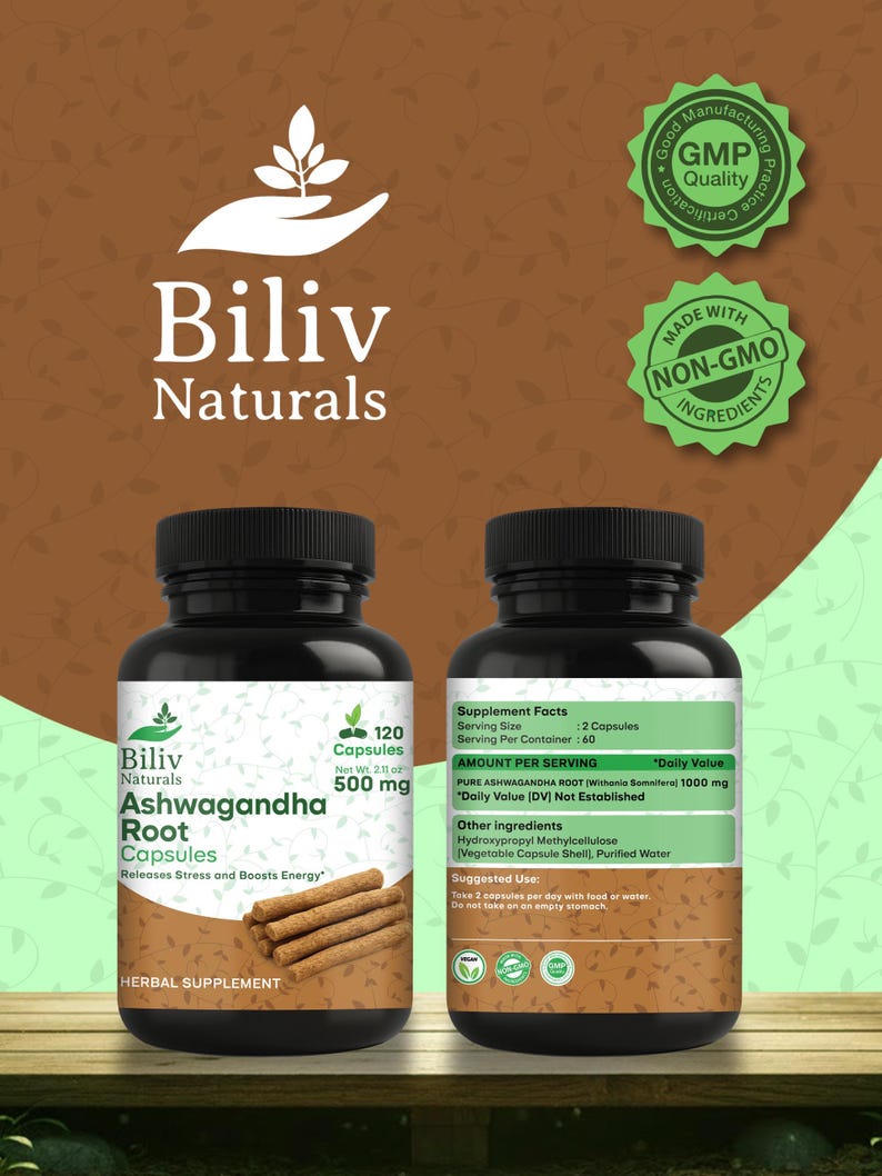以下が含まれることがあります： Biliv Naturals Ashwagandha Root Capsulesの黒いボトルが2本。各ボトルには120カプセル、500mgが含まれています。ラベルには「Releases Stress and Boosts Energy」と「Herbal Supplement」の文字が記載されています。画像にはGMPとNon-GMOのラベルも含まれています。
