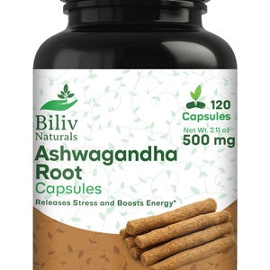 以下が含まれることがあります： Biliv Naturals Ashwagandha Root Capsulesの黒いボトル。ラベルには「Releases Stress and Boosts Energy」と「120 Capsules、正味重量59.8 g、500 mg」と記載されています。画像には、根のいくつかの部分も表示されています。