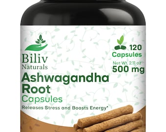 Capsule di radice di ashwagandha, 120 capsule, 1000 mg / Integratore per alleviare lo stress, migliorare l'umore ed energizzare