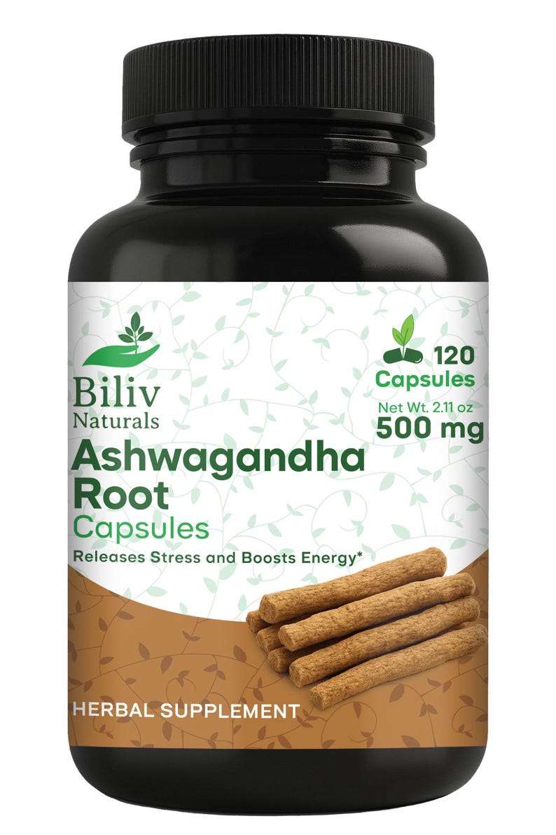 以下が含まれることがあります： Biliv Naturals Ashwagandha Root Capsulesの黒いボトル。ラベルには「Releases Stress and Boosts Energy」と「120 Capsules、正味重量59.8 g、500 mg」と記載されています。画像には、根のいくつかの部分も表示されています。