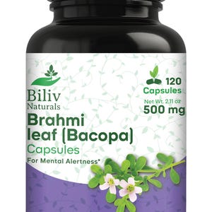 Op de afbeelding: Een zwarte fles Biliv Naturals Brahmi Leaf (Bacopa) Capsules. Het etiket bevat de tekst "For Mental Alertness" en "Herbal Supplement". De fles bevat 120 capsules, met een nettogewicht van 59.8 g en 500 mg.