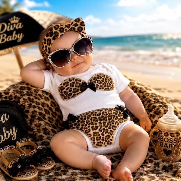 Handmade Appliqued Leopard Print Faux Bikini Baby Onesie