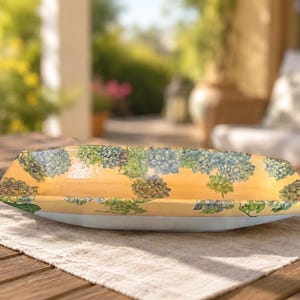 Decoupage Hydrangea Canoe Bowl, Upcycled Ceramic Tabletop Centerpiece, Cottage Boho Tray