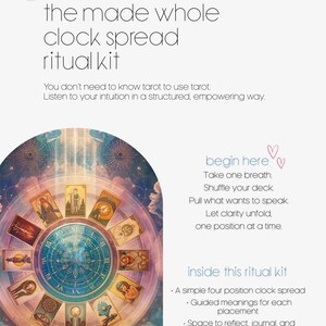 Op de afbeelding: Een tarot ritueel kit met de tekst "the made whole clock spread ritual kit". De afbeelding toont een klokachtig ontwerp met tarotkaarten rondom. De kit bevat een vier-positie klokverdeling en begeleide betekenissen.