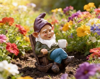 Tuinkabouter zittend in schommelstoel met koffiemok buiten harsdecor