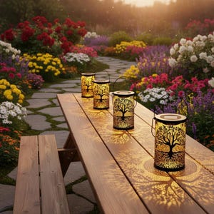 Pode incluir: Quatro lanternas solares com um design de árvore da vida estão em uma mesa de piquenique de madeira. As lanternas projetam uma luz padronizada. O fundo apresenta um jardim com um caminho de pedra e flores coloridas.