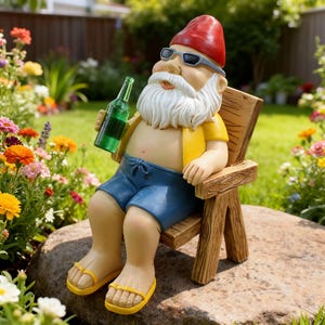 Könnte beinhalten: Eine Gartenzwerg-Statue, die sich in einem Holzstuhl entspannt und eine grüne Flasche hält. Der Zwerg trägt einen roten Hut, eine Sonnenbrille, ein gelbes Hemd, blaue Shorts und gelbe Sandalen. Die Statue steht in einem Garten mit bunten Blumen.