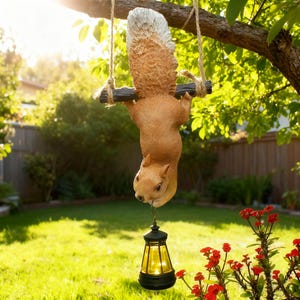 May include: A brown squirrel statue hangs upside down from a tree branch, holding onto a wooden swing. A black lantern with a yellow light hangs from the squirrel's paws. The squirrel has a fluffy tail and is suspended by rope.