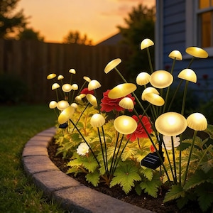 Puede incluir: Luces de jardín con forma de hongo iluminadas y alimentadas por energía solar. Las luces están dispuestas en un parterre con flores rojas y blancas, con un cielo de puesta de sol de fondo. Las luces están en tallos negros.