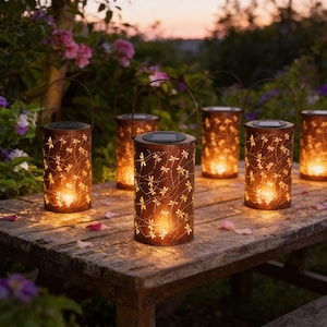 Può includere: Sei lanterne a energia solare con intagli a forma di libellula su un tavolo di legno usurato. Le lanterne cilindriche hanno una finitura marrone ruggine ed emettono un bagliore caldo. Lo sfondo presenta un giardino con fiori e un tramonto.
