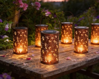 May include: Six solar-powered lanterns with dragonfly cutouts on a weathered wooden table. The cylindrical lanterns have a rusty brown finish and emit a warm glow. The background features a garden setting with flowers and a sunset.