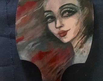 Hand-Painted Mystical Woman Portrait Wooden Mirror, Gothic Bohemian Decor (26x15 cm)