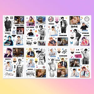 May include: A sheet of stickers featuring various images of a musical group. The stickers include portraits, cartoon characters, and text. The color palette is primarily white, black, and shades of purple, pink, and blue.